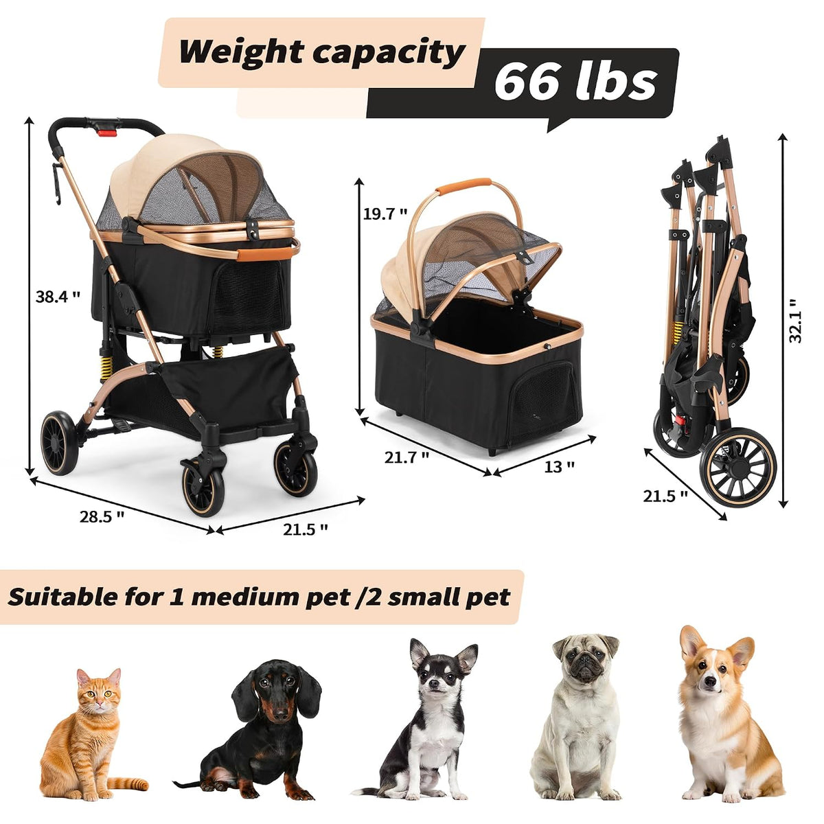 coziwow cat dog stroller, one hand fold puppy shown in use