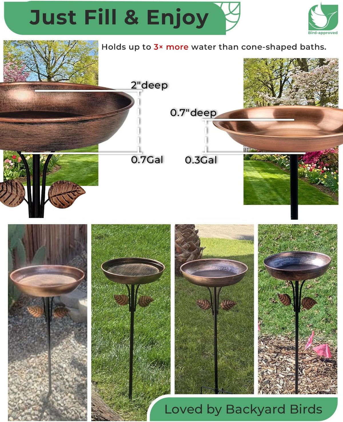12" bird bath for outside with stake, metal, close-up detail