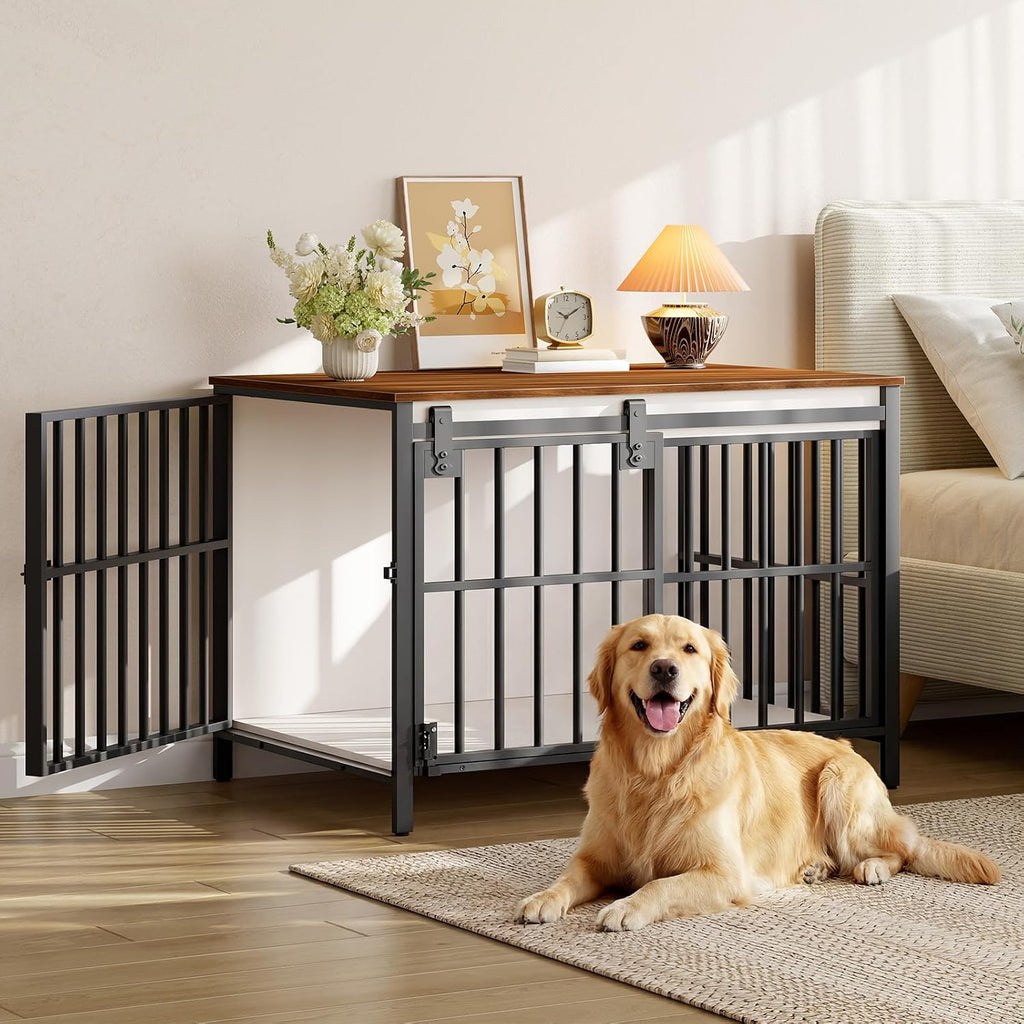 hoobro dog crate furniture with sliding barn door, close-up detail