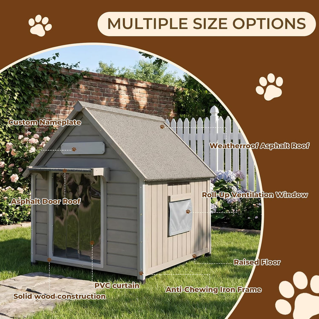 weatherproof wooden dog house outdoor for medium‑large dogs, front angle view