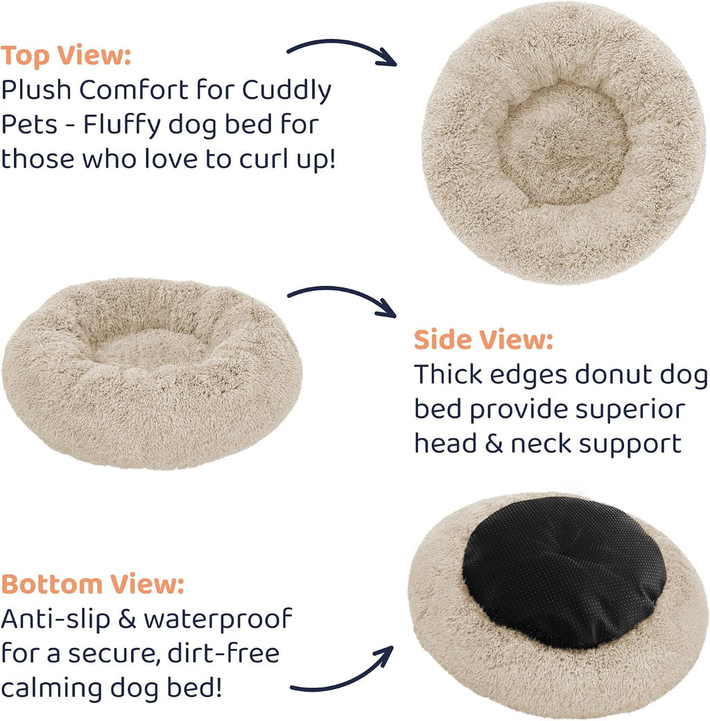 calming donut dog bed for small dogs, round showing dimensions