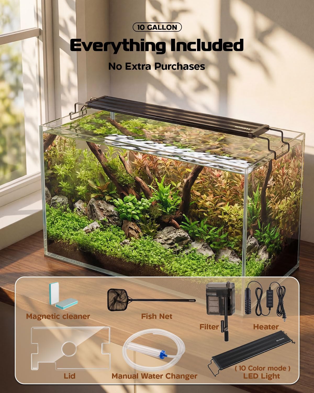 10 gallon glass aquarium kit, rimless fish tank, side view