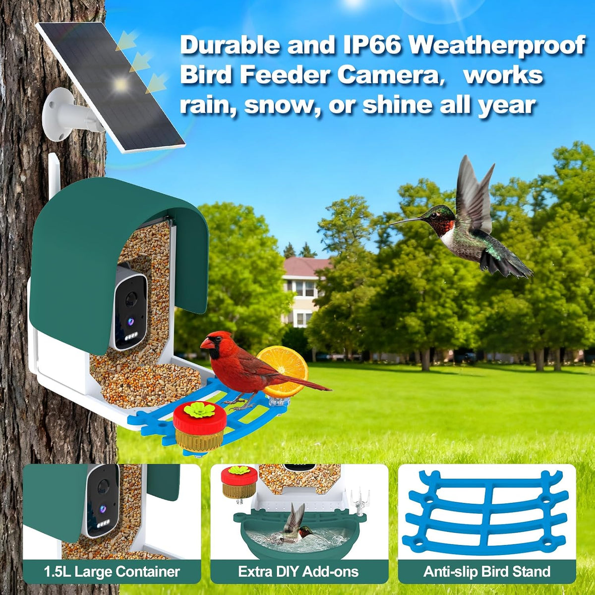 4k smart bird feeder with camera, build-in 32gb, side view