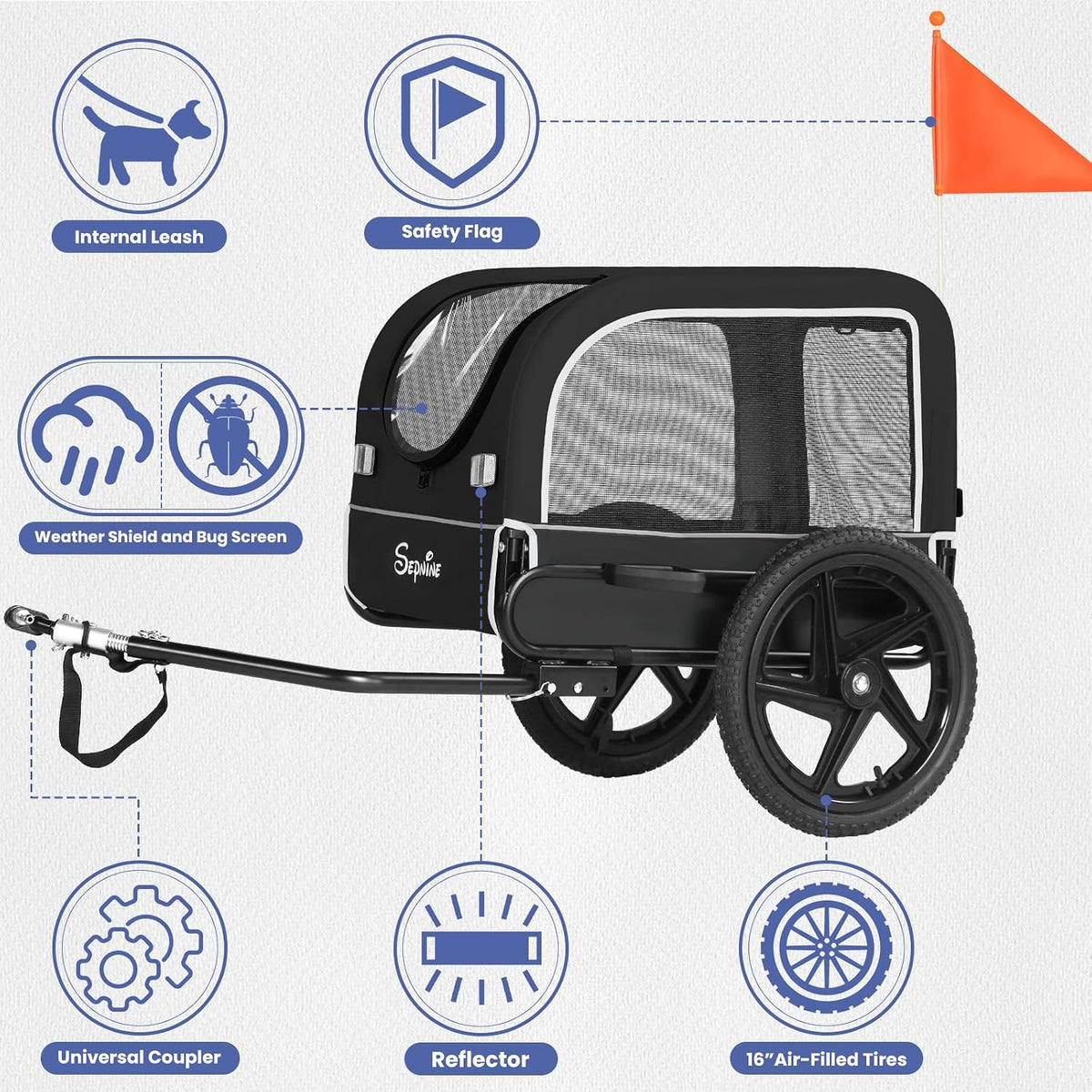 sepnine dog bike trailer, dog cart for bicycle showing dimensions