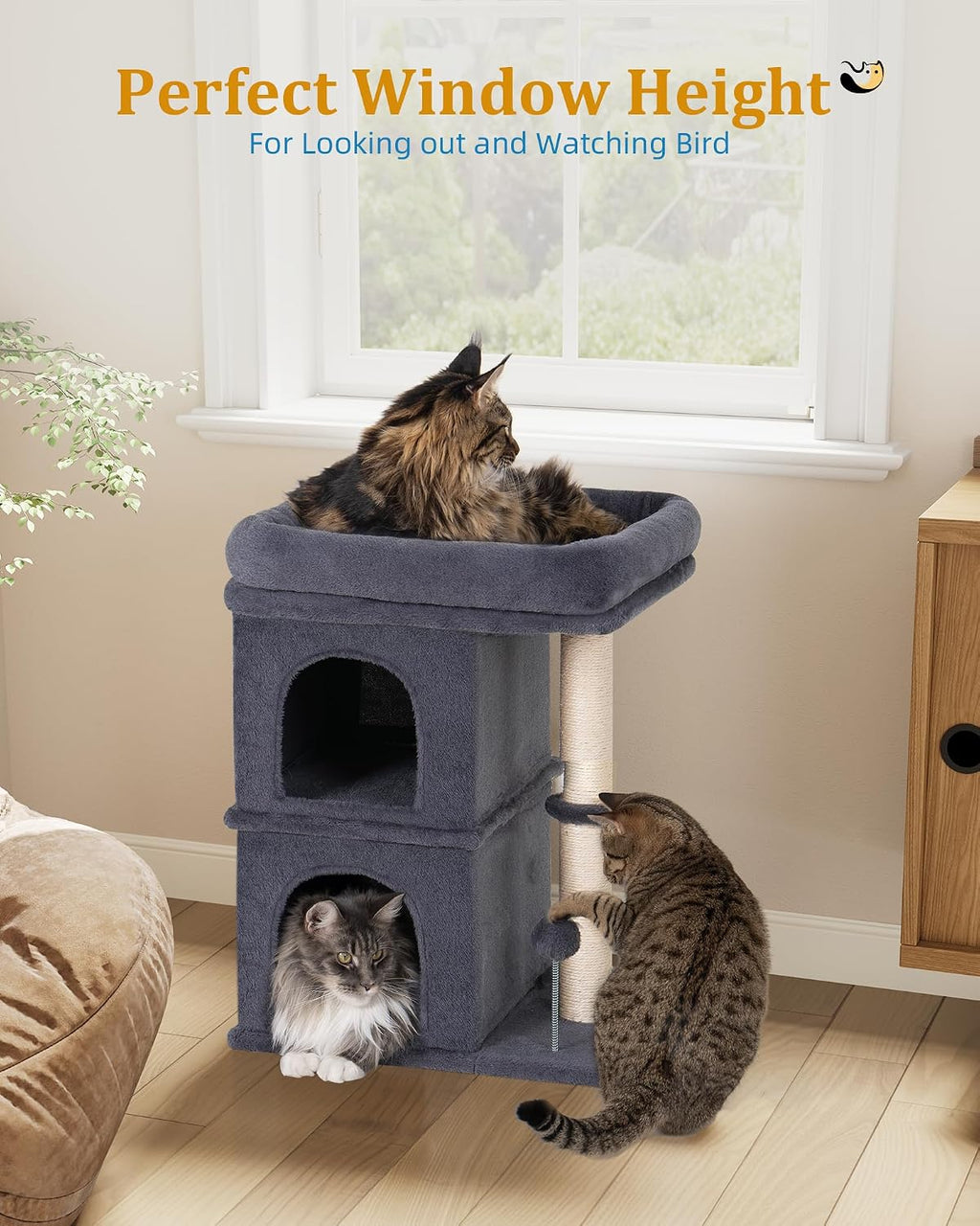 aechonow cat tree for large cat,2 cozy cat, close-up detail