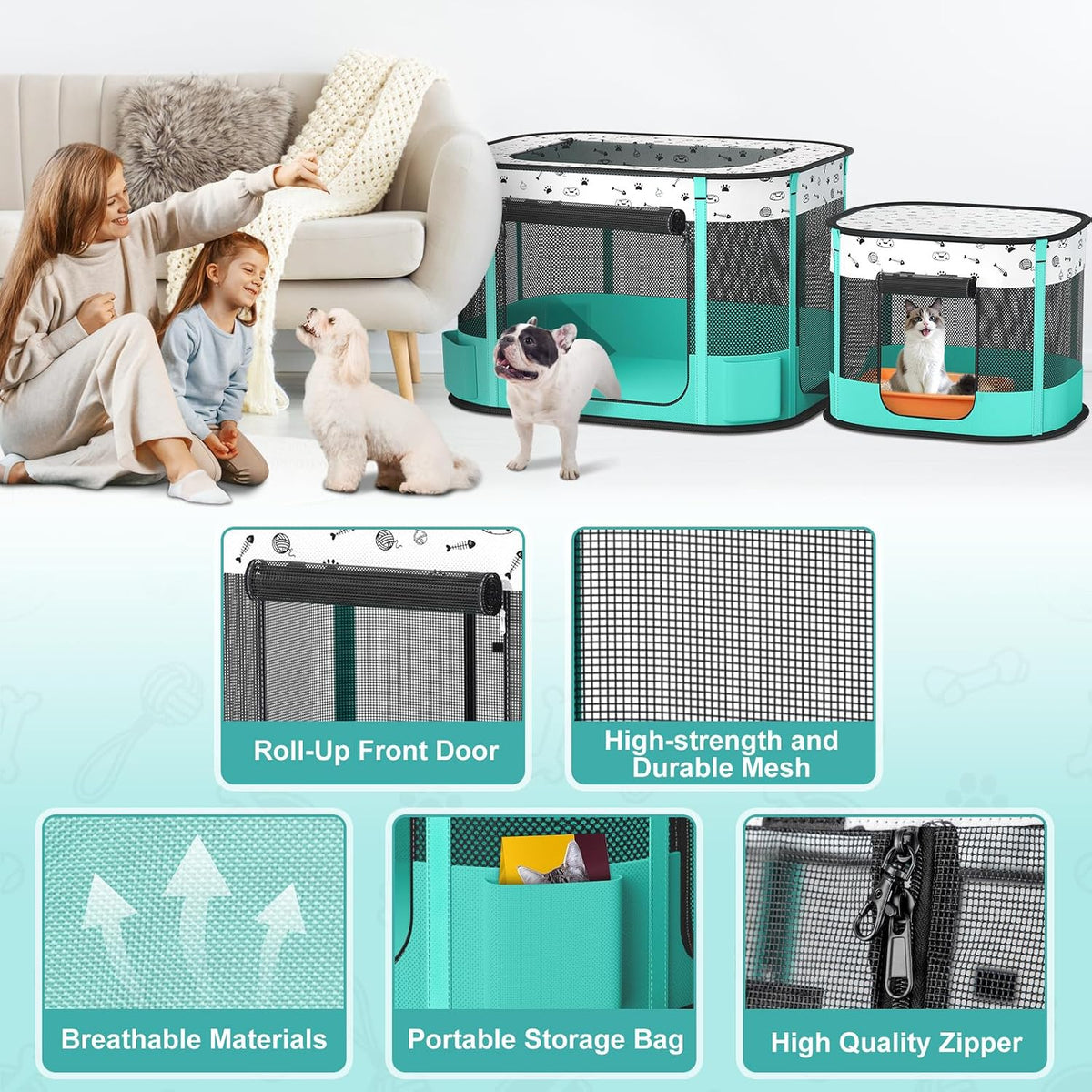 cat playpen, portable pet dog playpen, foldable kitten showing dimensions