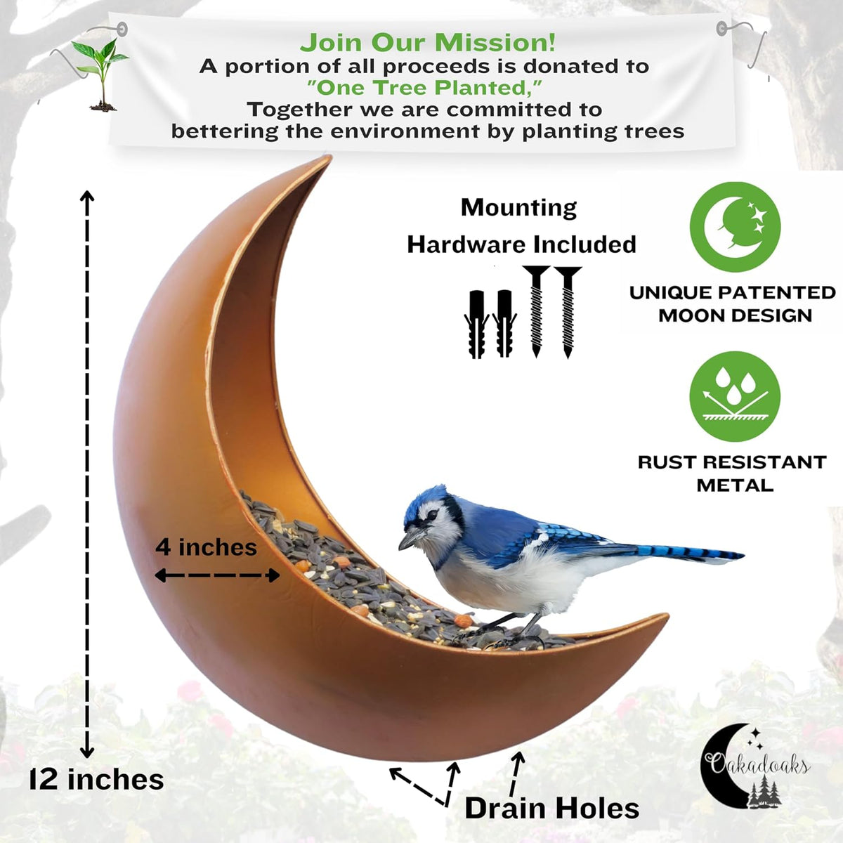 fence & tree mounted moon bird feeder – shown in use