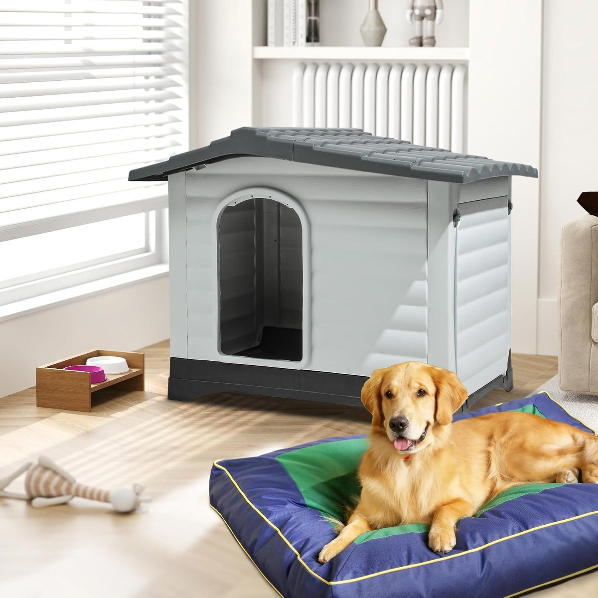 dwvo 2-door large dog house with elevated base shown in use