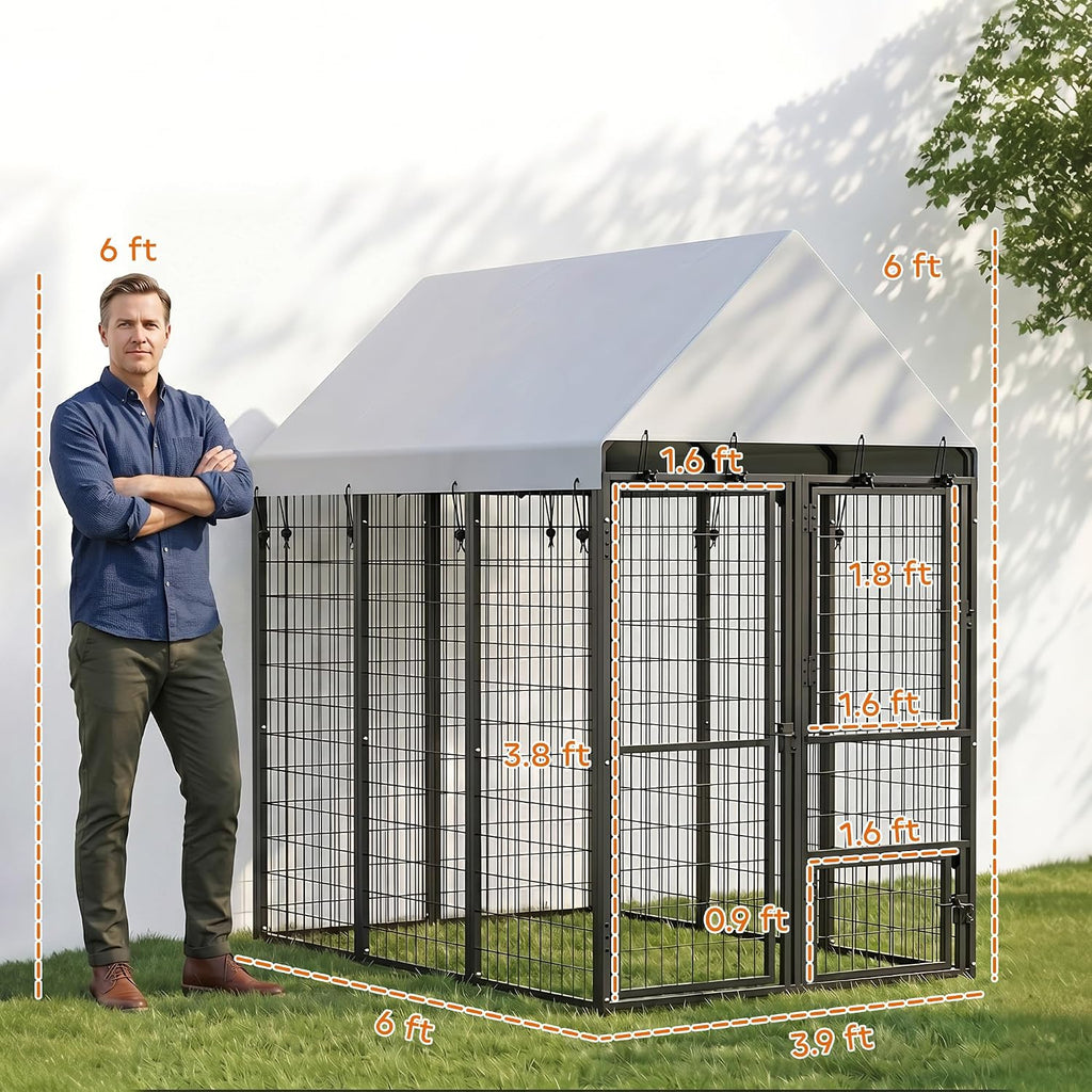 pawhut large dog kennel outdoor with roof for, front angle view