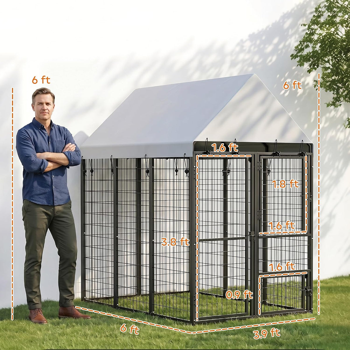 pawhut large dog kennel outdoor with roof for, front angle view