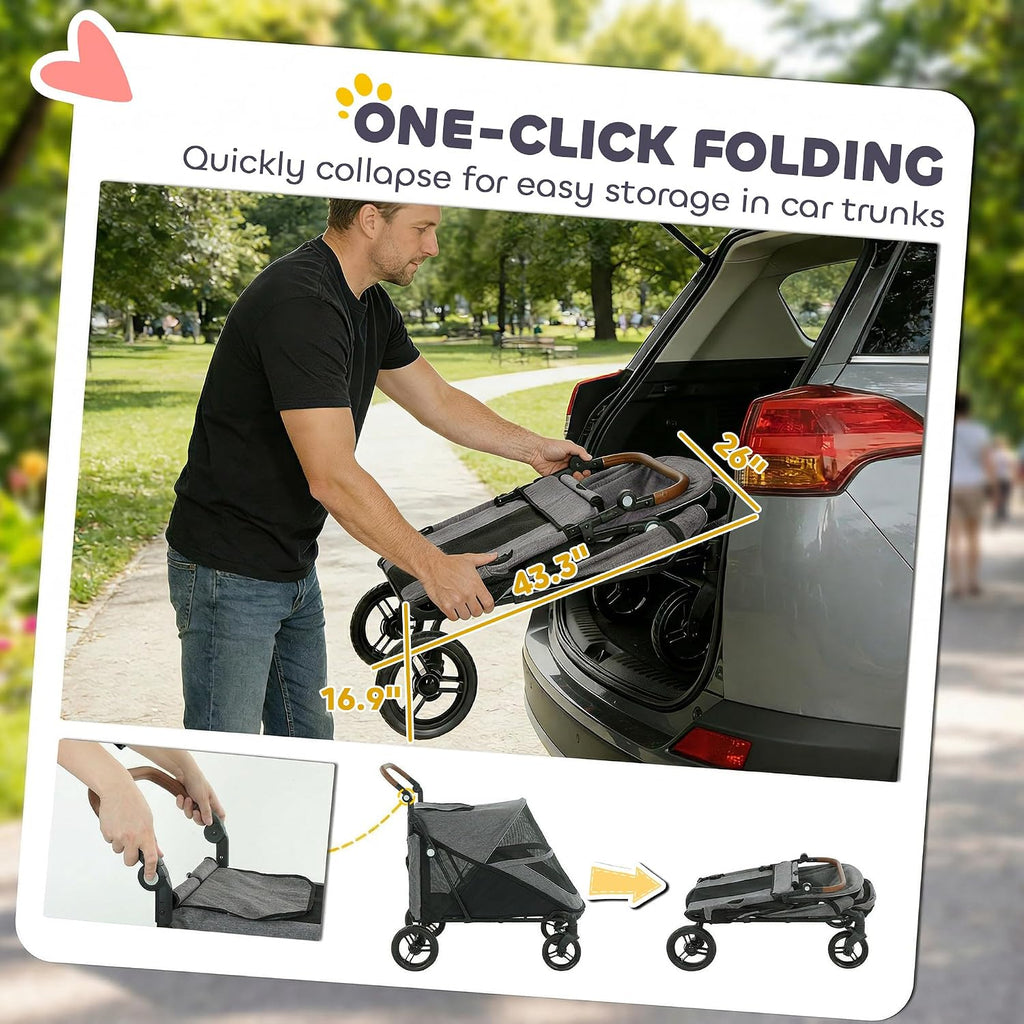 pawhut dog stroller for large dogs one-click folding showing dimensions
