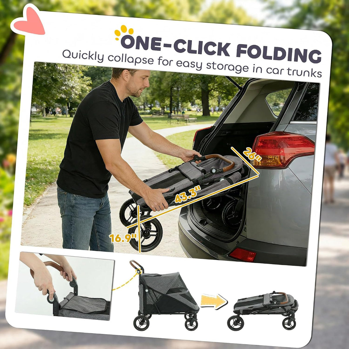 pawhut dog stroller for large dogs one-click folding showing dimensions