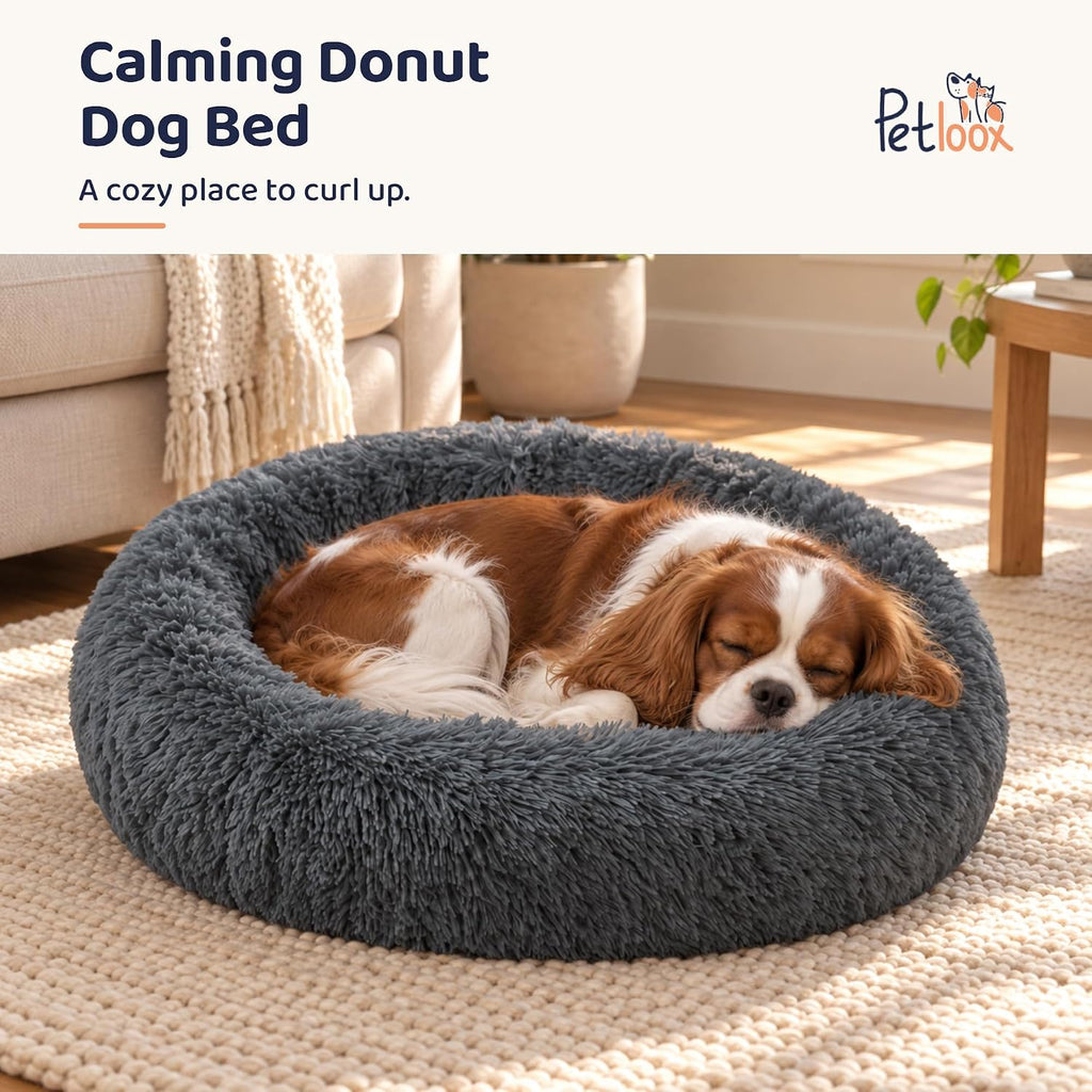 calming donut dog bed for small dogs, round, side view