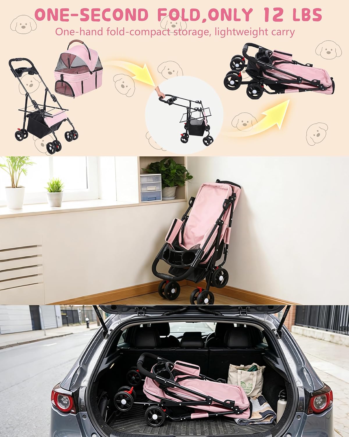 pet stroller, 3 in1 foldable dog cat stroller, view 9