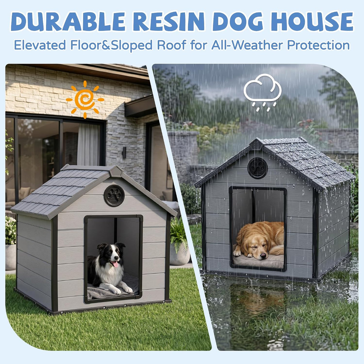 57" large dog house outdoor,premium wood-grain resin doghouse,black, close-up detail