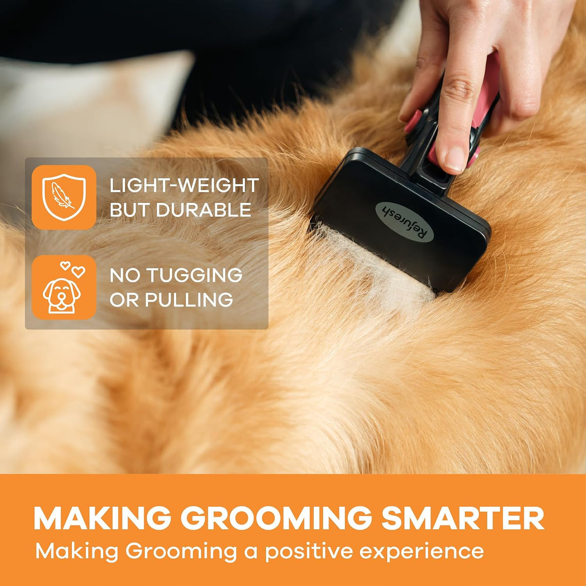 deshedding brush for long hair dogs & cats shown in use