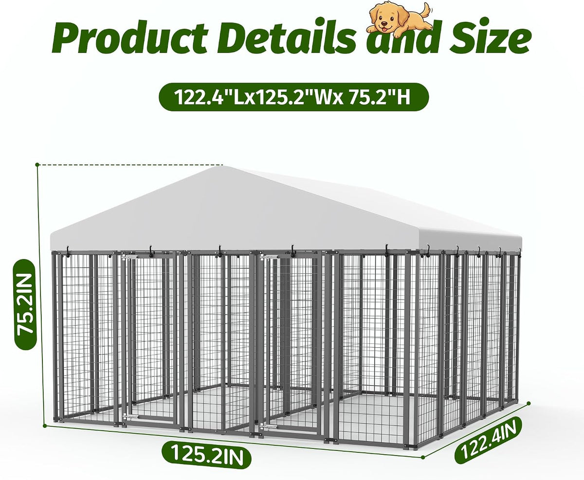 10x10 ft outdoor dog kennel for 2 areas shown in use