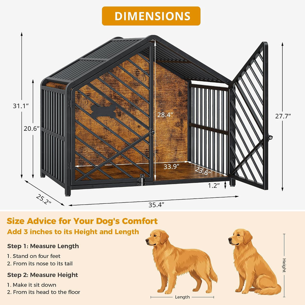 ironck 35.4" dog crate furniture with roof-shape frame shown in use