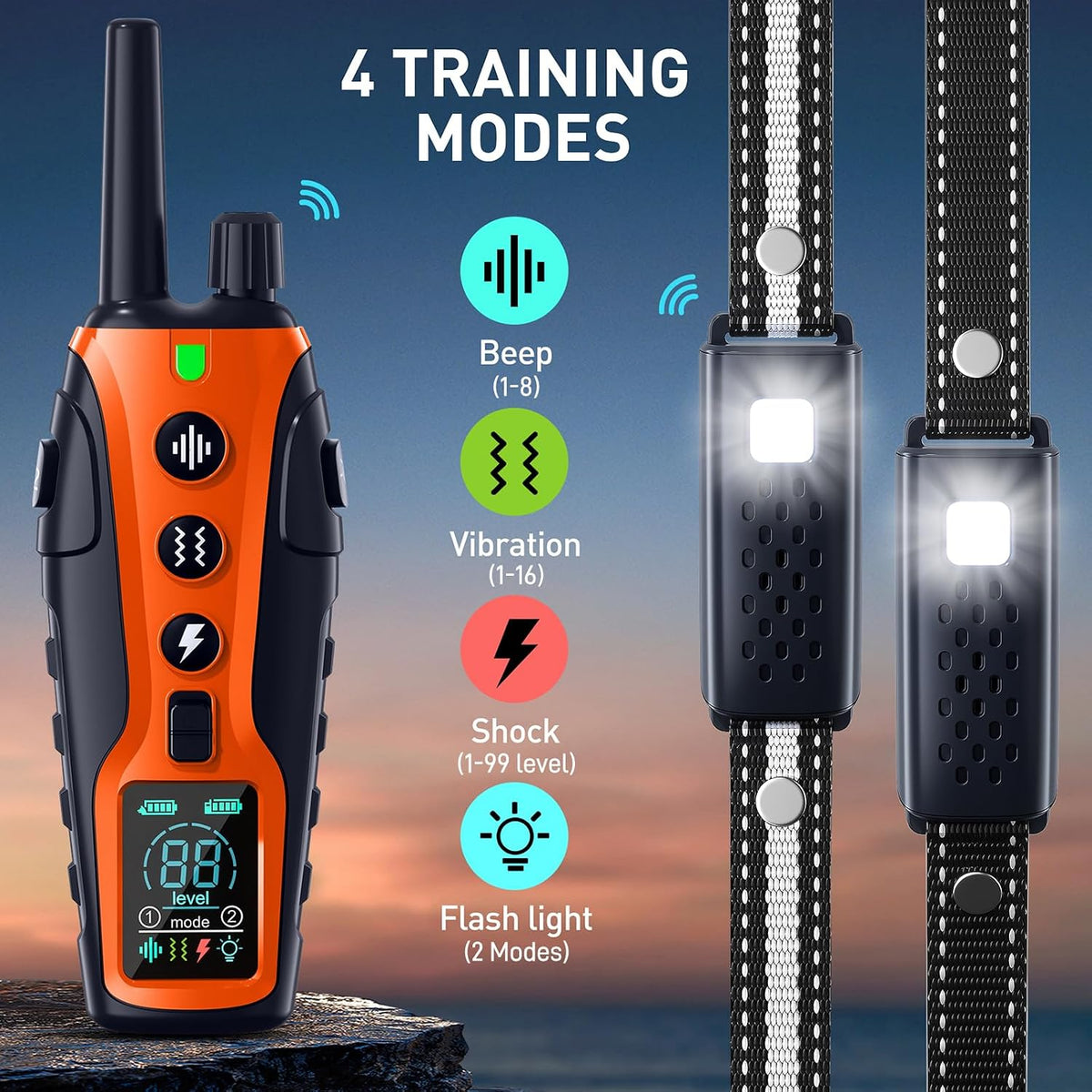 dog shock collar 2 dogs(15-150lbs) with flashing light shown in use