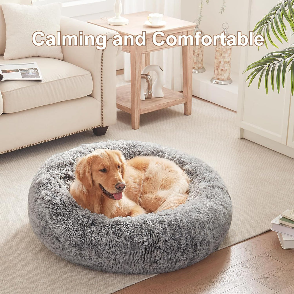 36 inches faux fur fluffy donut dog bed shown in use