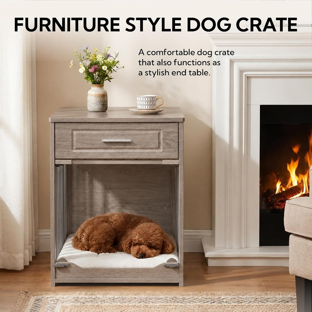 dog crate furniture end table with flip-up door showing dimensions