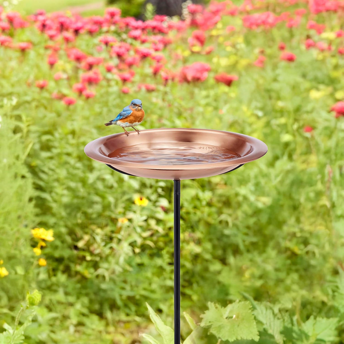 good directions matte copper bird bath on garden shown in use