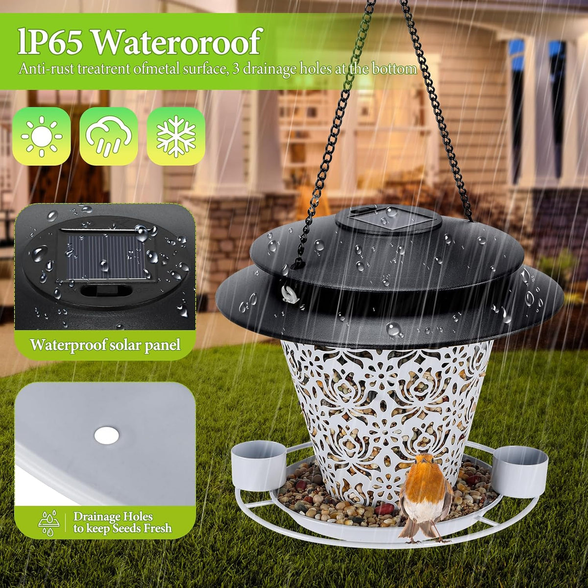 solar bird feeders for outside hanging metal wild, side view