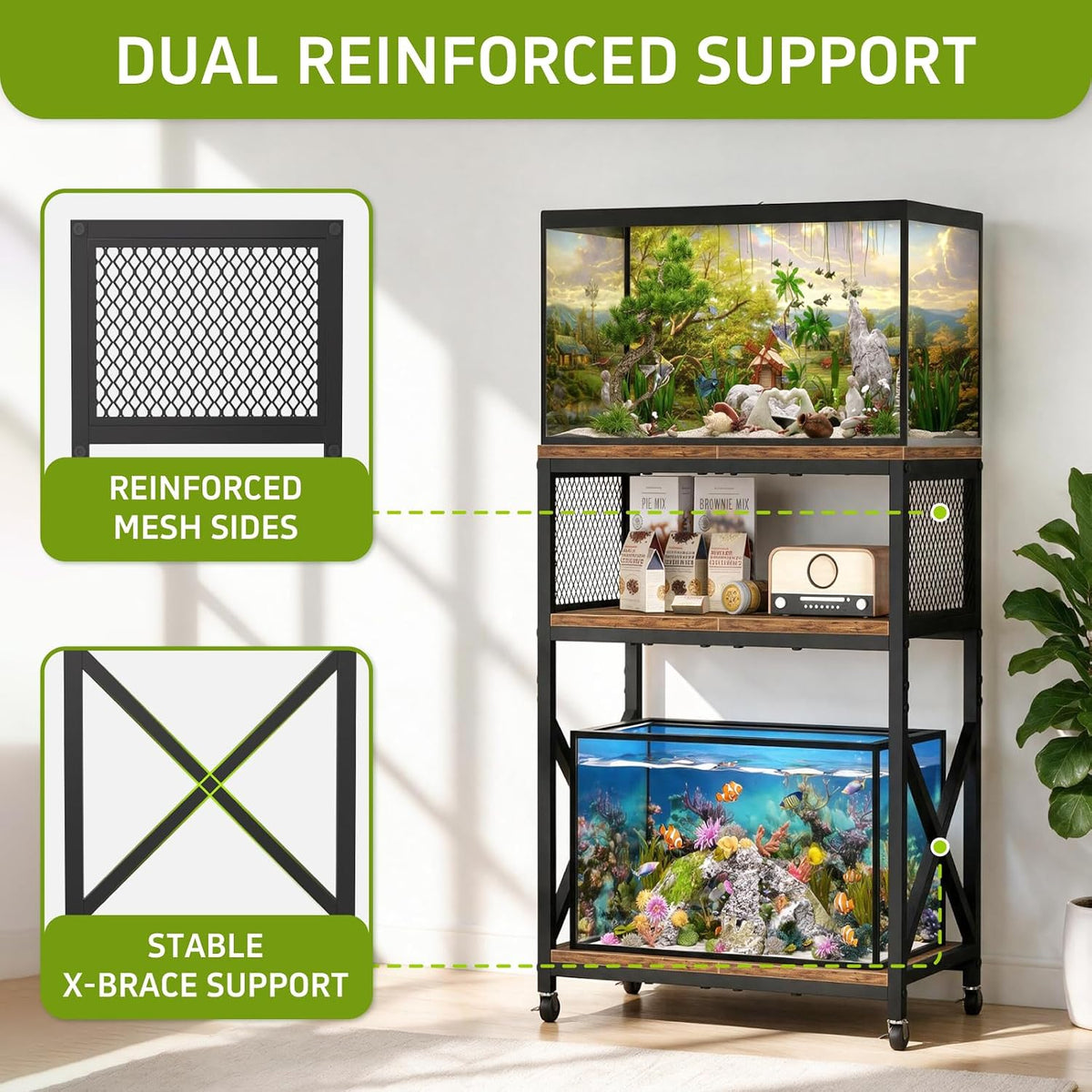 10 gallon aquarium stand, 3-tier fish tank stand showing dimensions