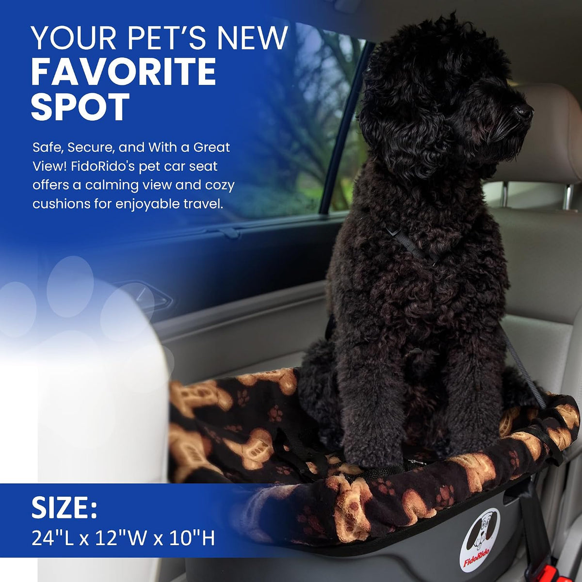 fidorido dog car seat, black/tan bones, booster seat showing dimensions