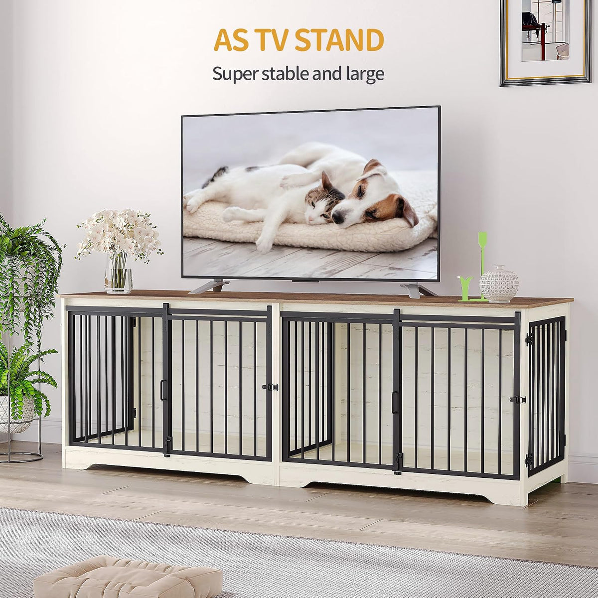 hzuaneri 77.6 in double dog crate furniture, dog on a desk or shelf