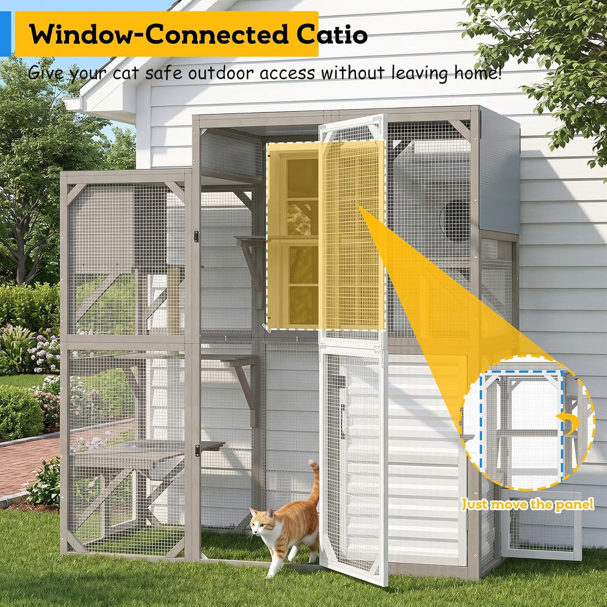 walk-in catio outdoor cat enclosure with storage cabinet shown in use