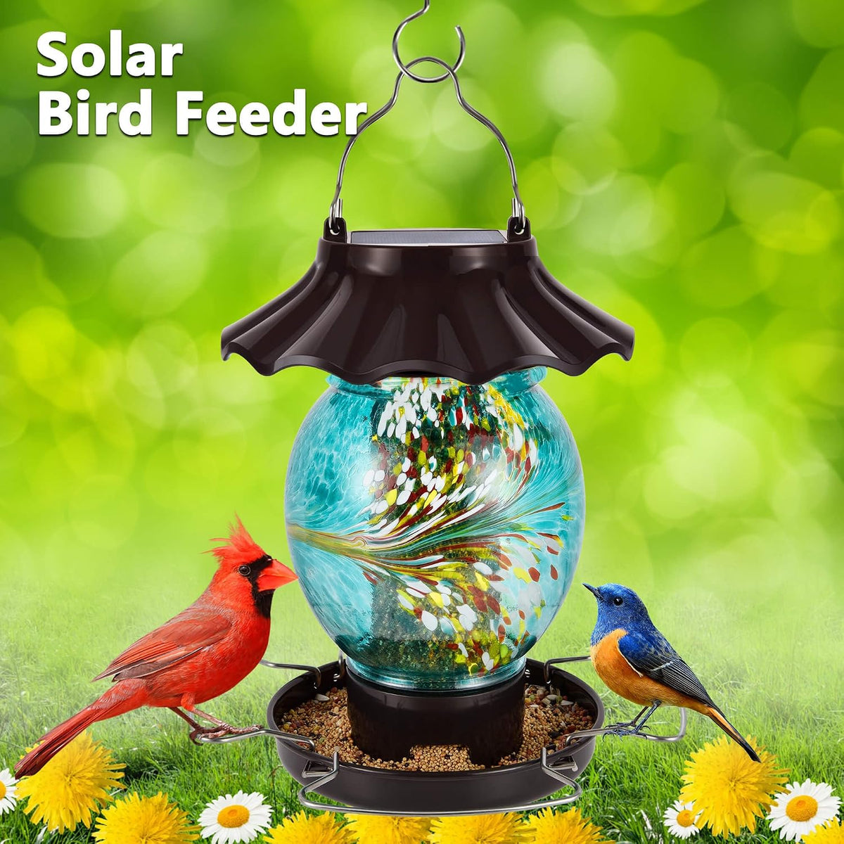 lujii solar bird feeder for outdoors hanging, hand shown in use