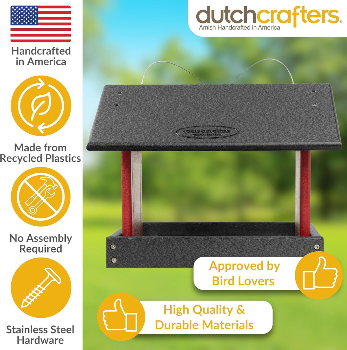 poly hanging hopper bird feeder, large bird feeder, close-up detail
