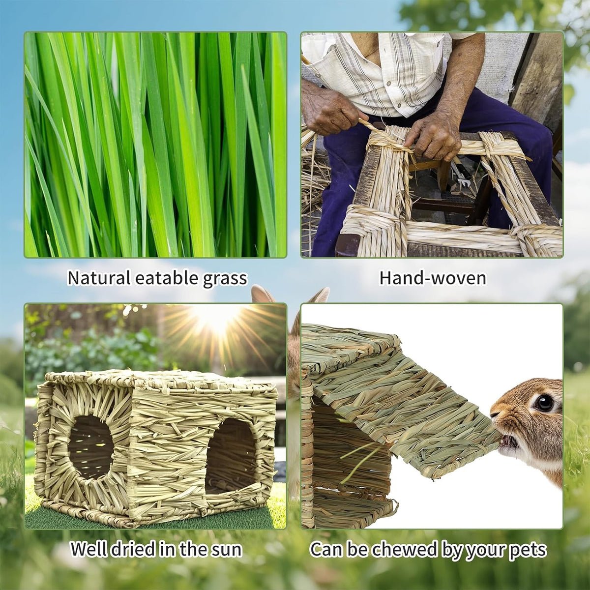 bwogue 2 pack grass bunny house, natural hand, close-up detail
