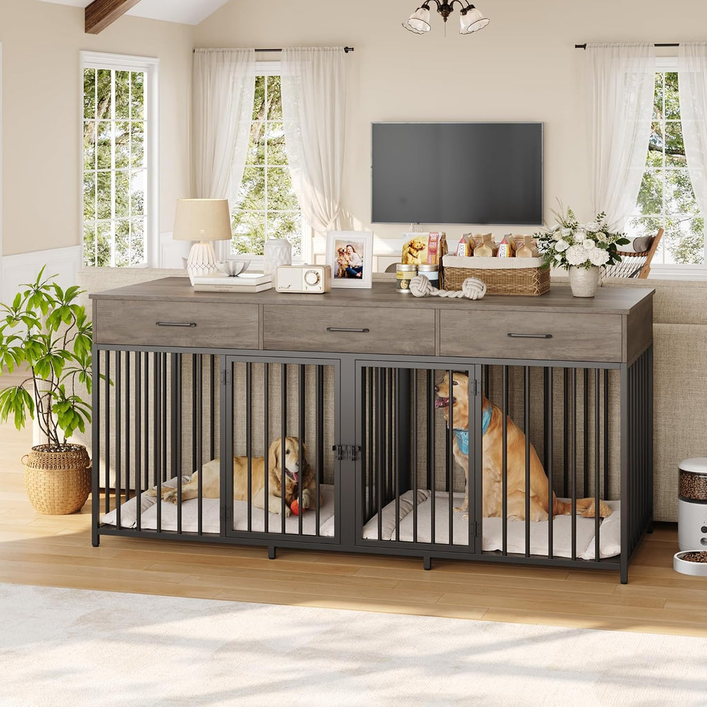 hostack double dog crate, 71" w indoor dog shown in use