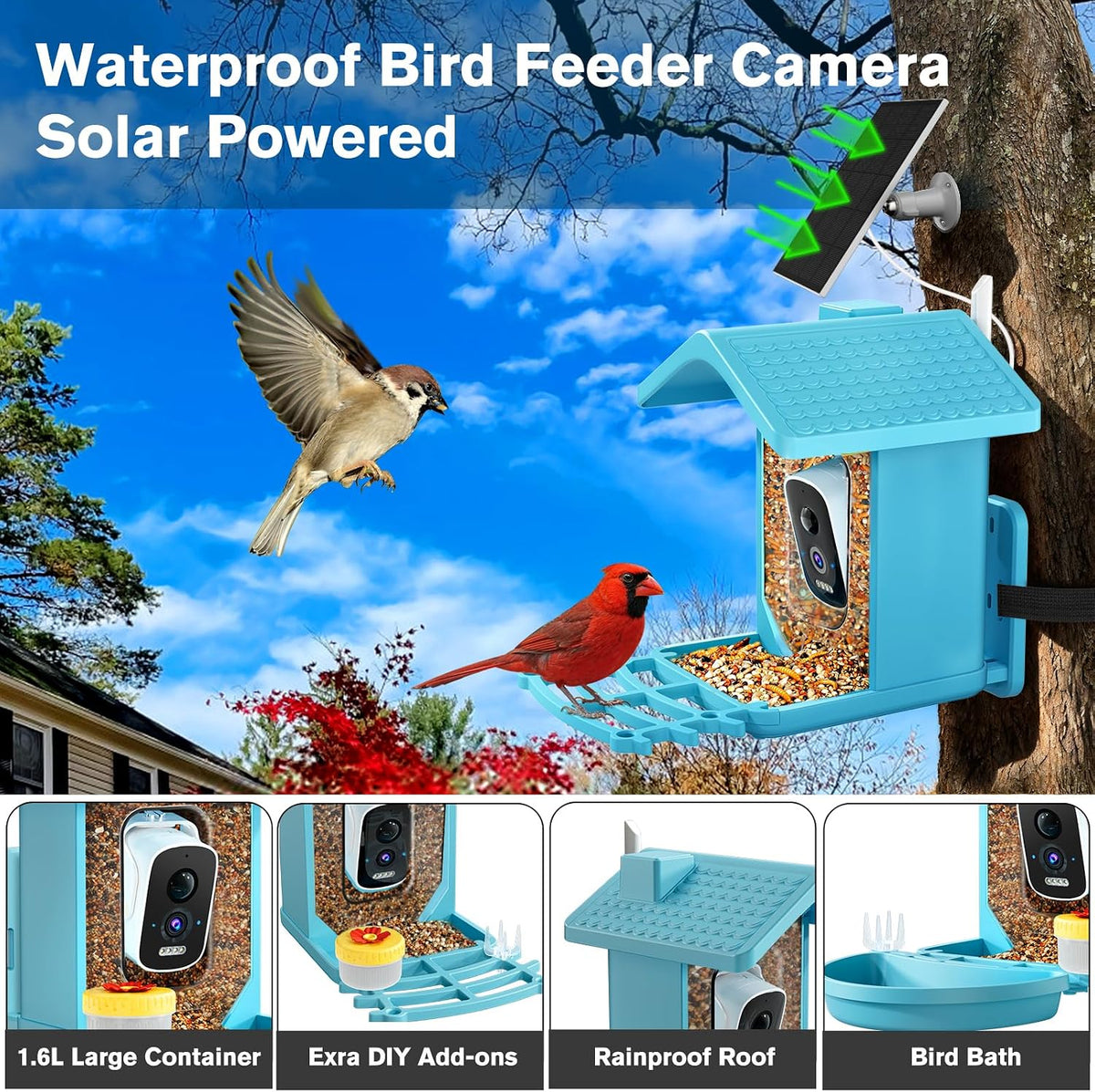 smart bird feeder with camera solar powered, ai, side view