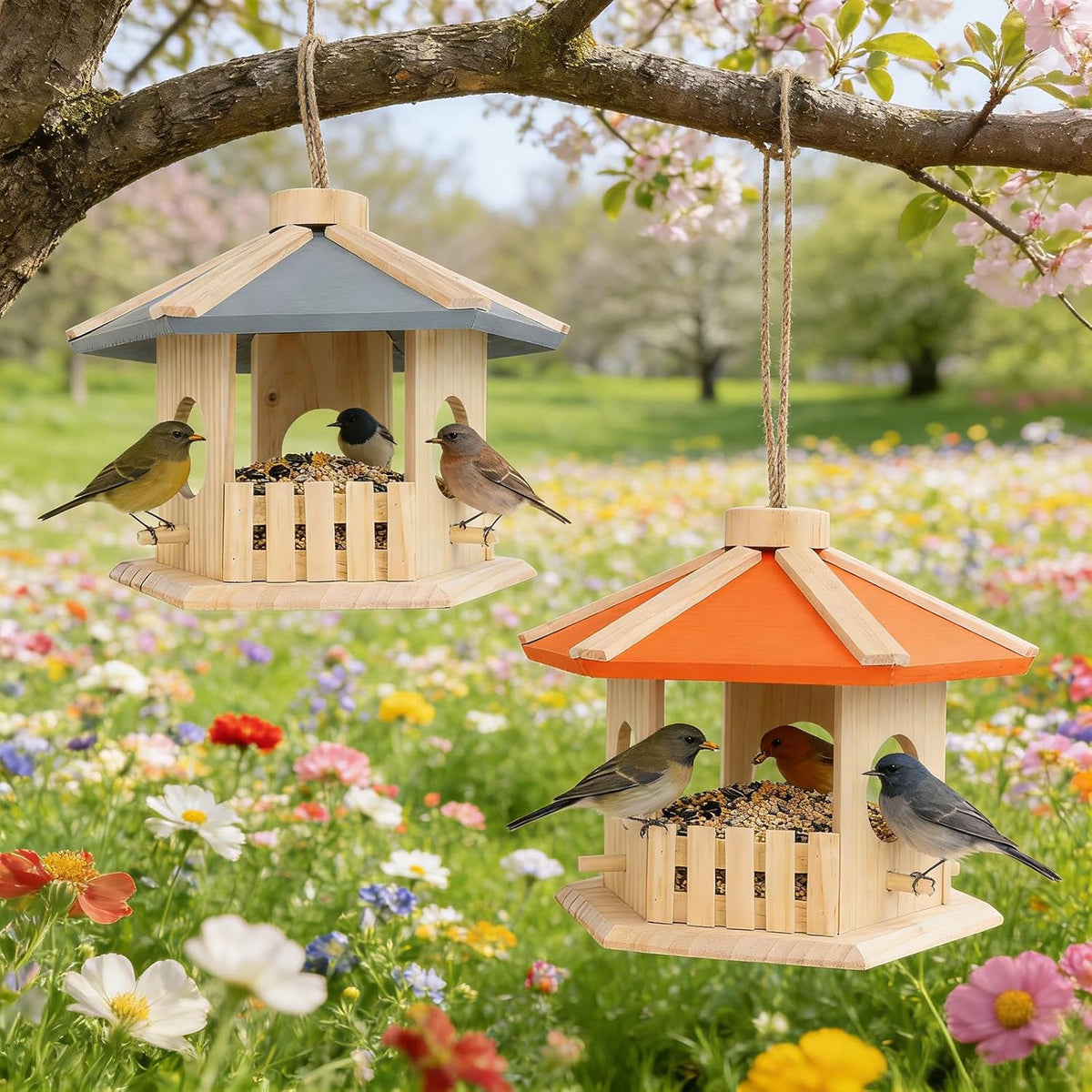 hexagon hanging wooden bird feeder (stone blue) showing dimensions