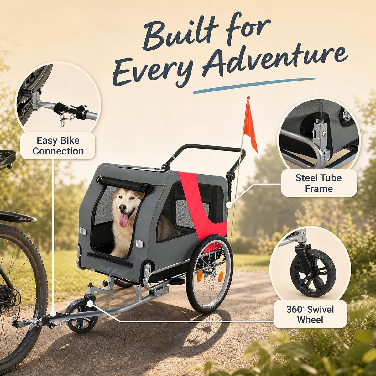 2-in-1 pet bike trailer & stroller, 165lbs carrier, side view