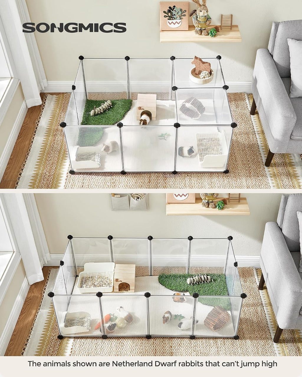 songmics pet playpen with floor, small animal playpen shown in use