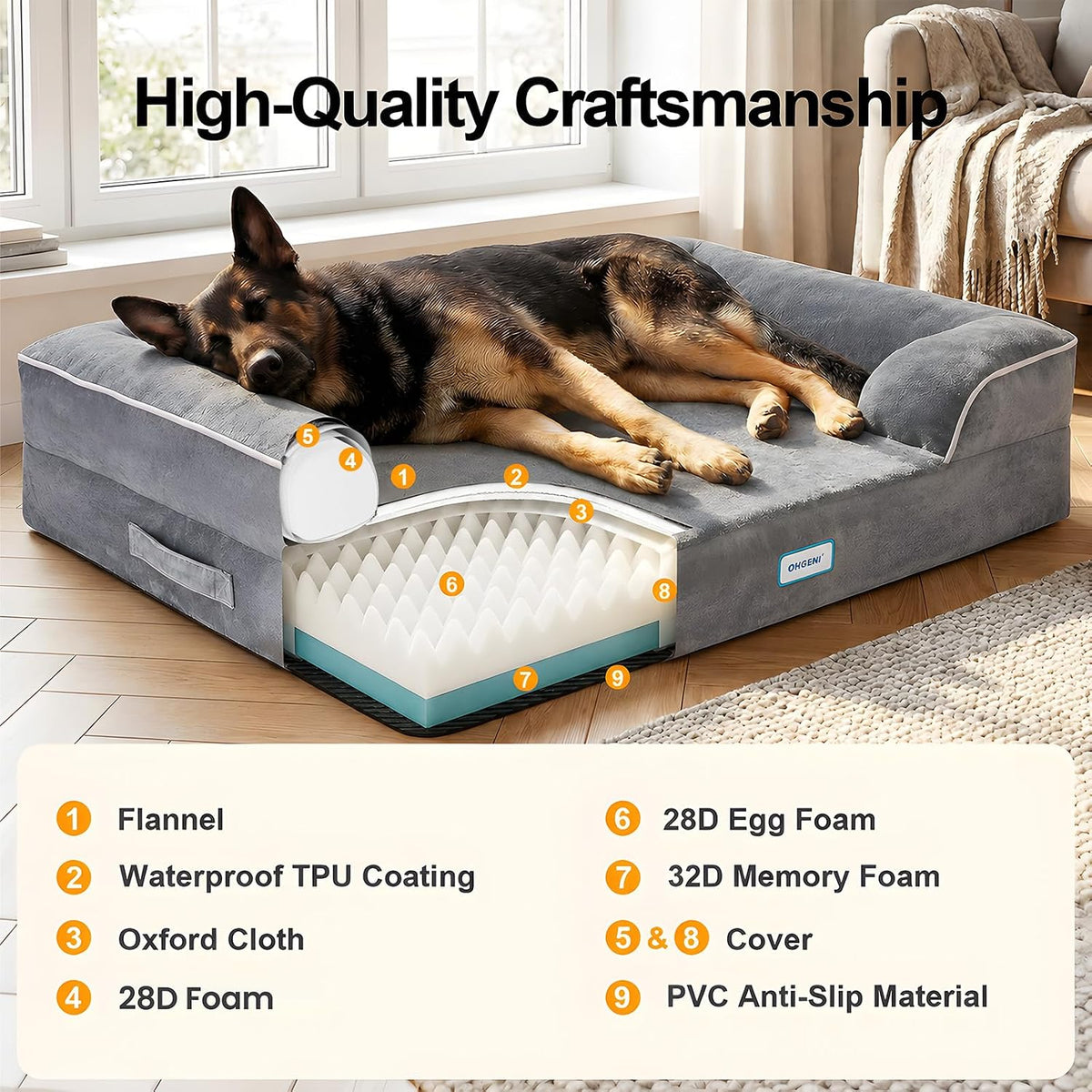 ohgeni orthopedic extra large dog bed couch, memory, close-up detail