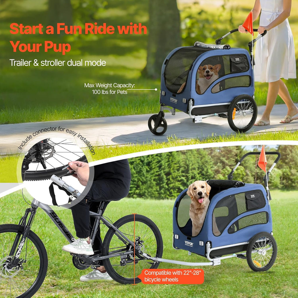 vevor dog bike trailer, supports up to 66/88/100 shown in use