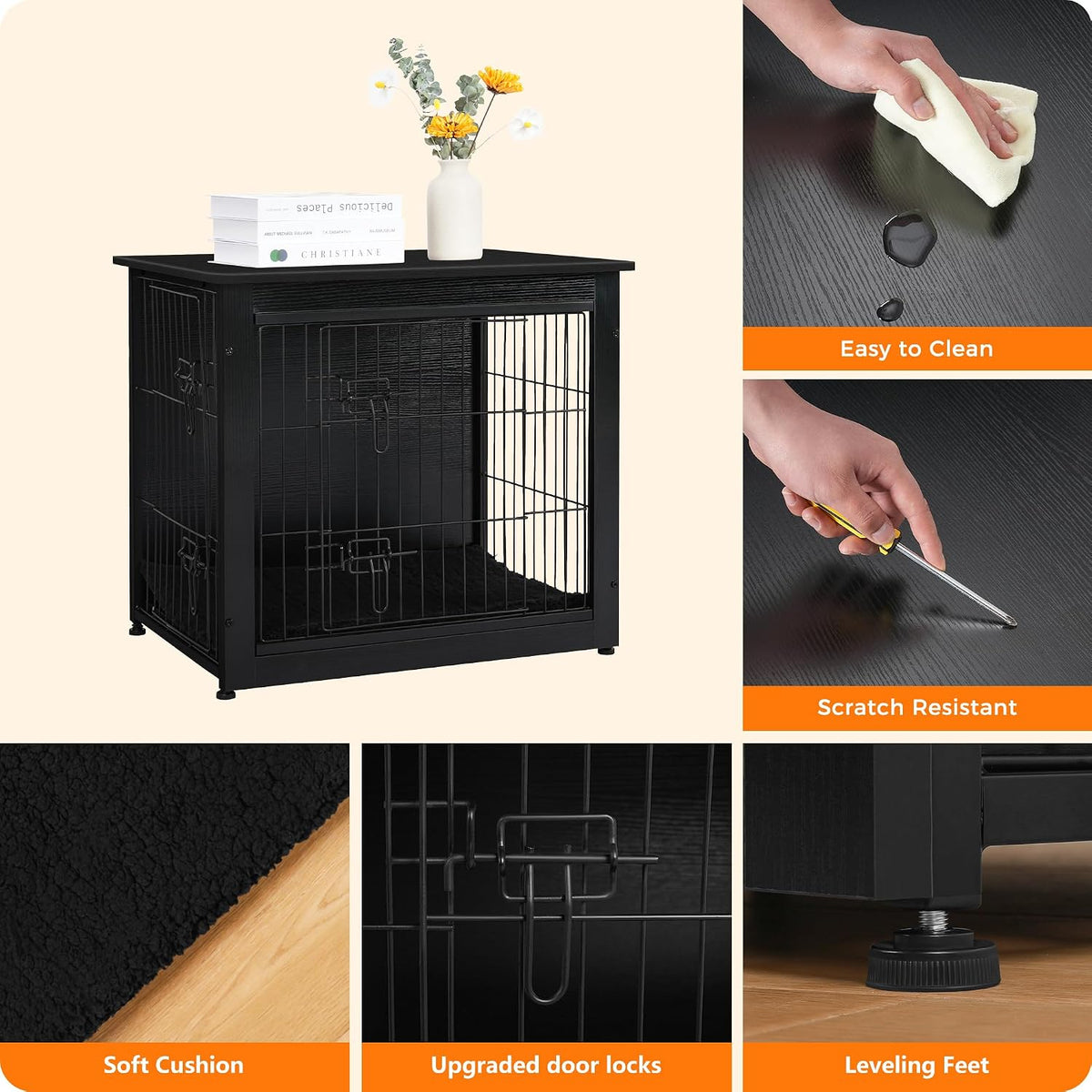 dwanton 27" dog crate furniture, dog kennel indoor showing dimensions