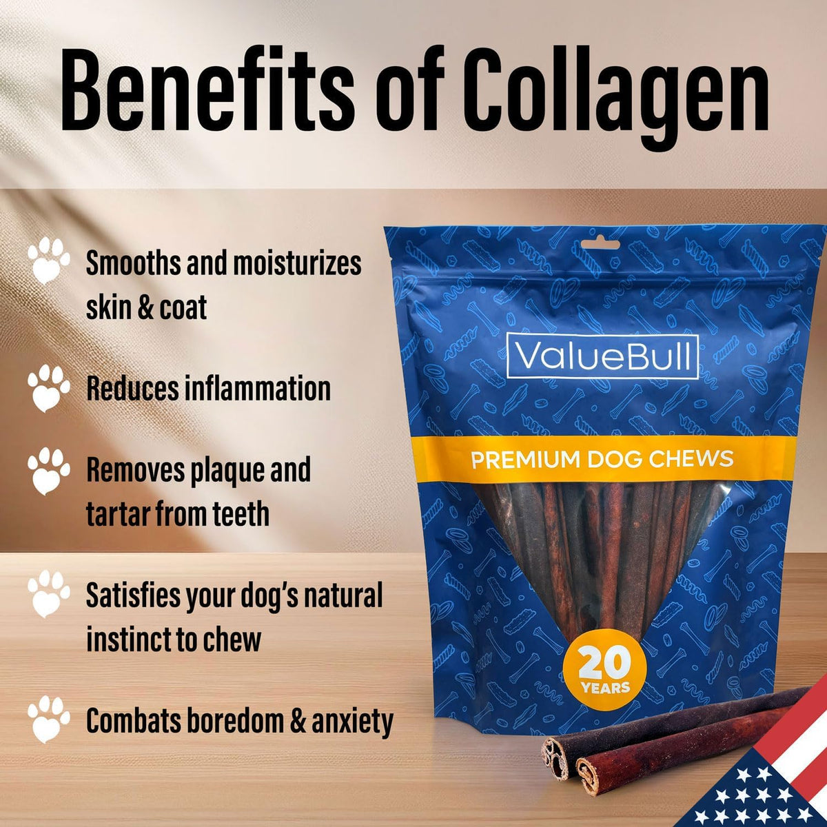 valuebull usa beef collagen sticks for dogs, 12, side view