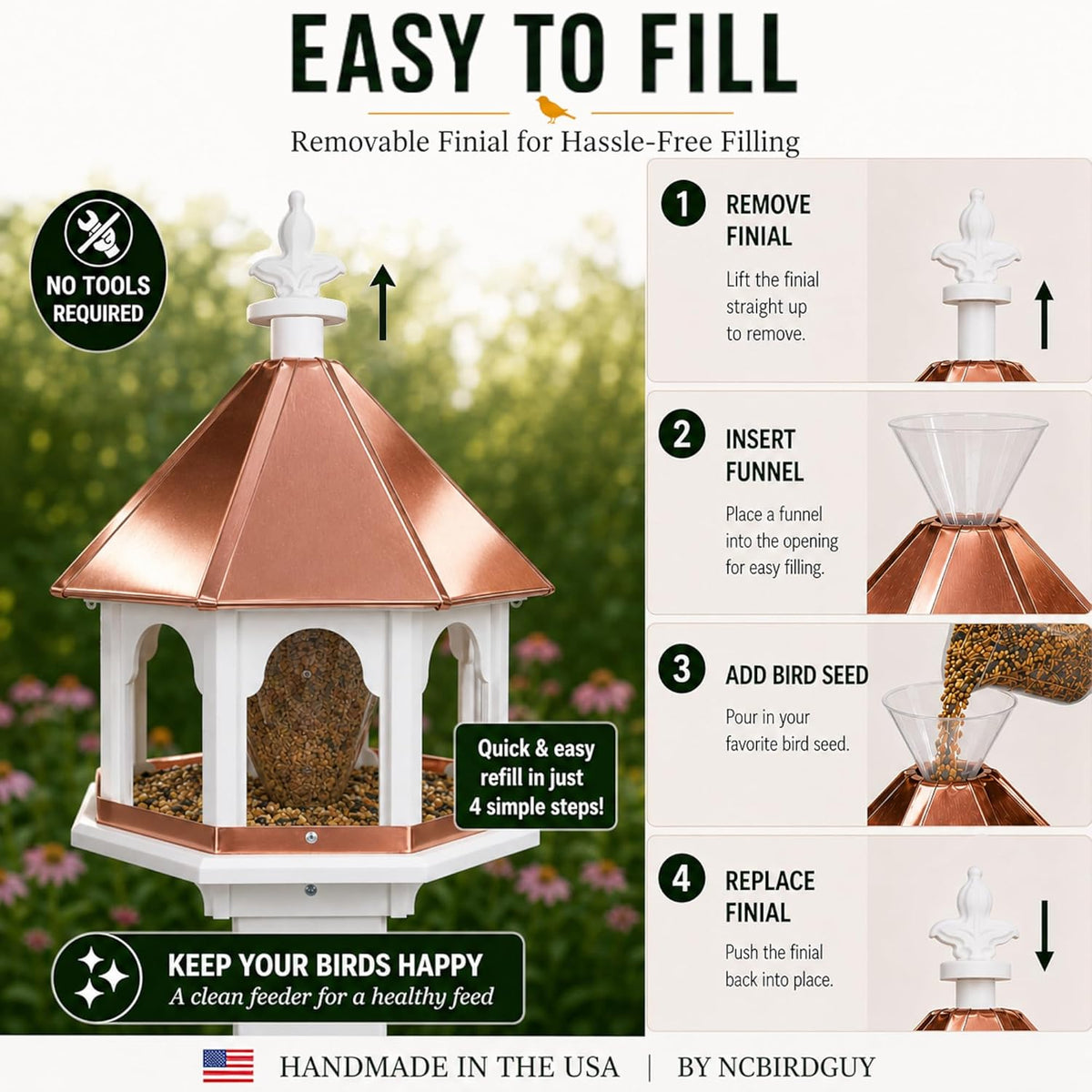 handmade copper roof octagon bird feeder (sbf8c), side view