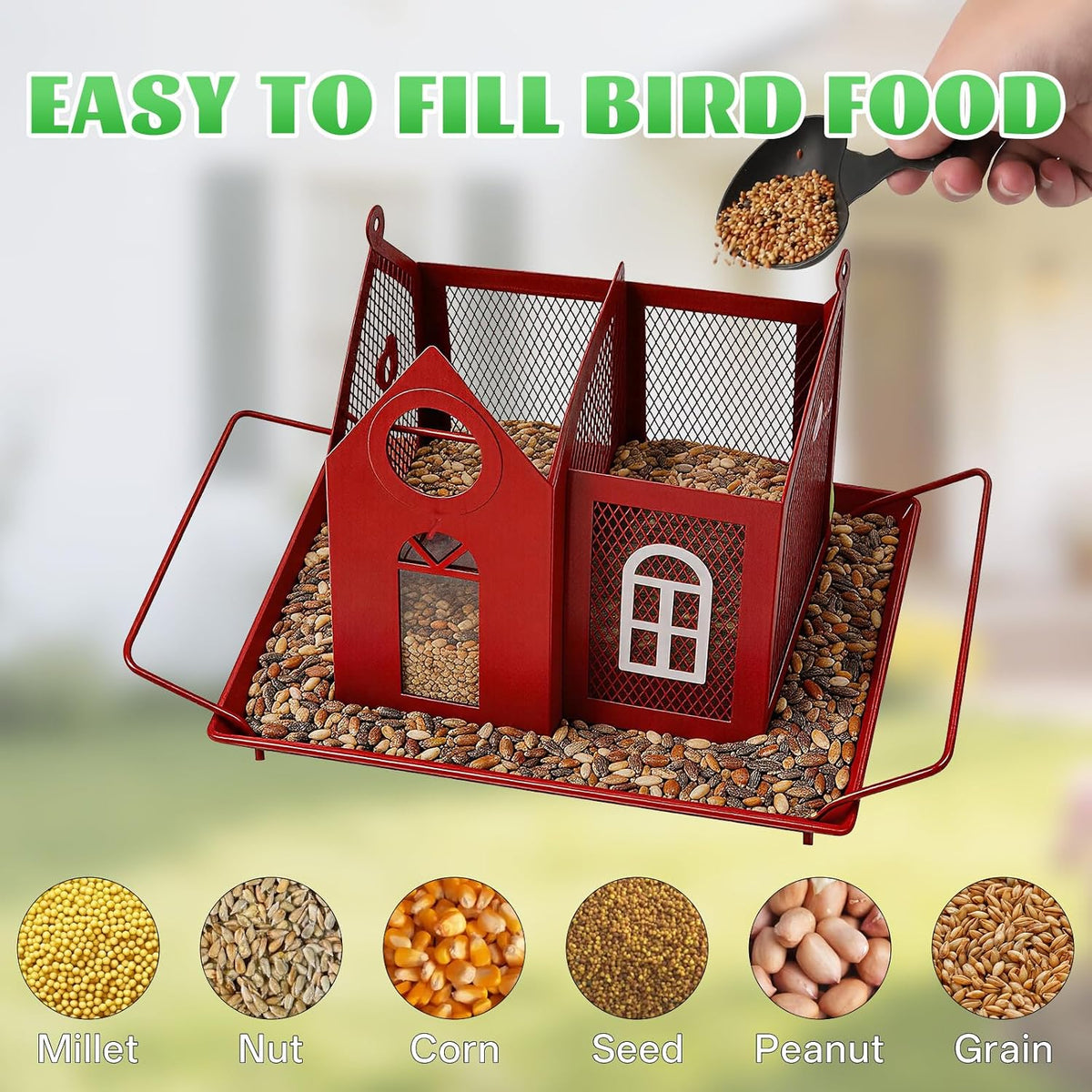 solar bird feeder for outdoors - red metal, close-up detail