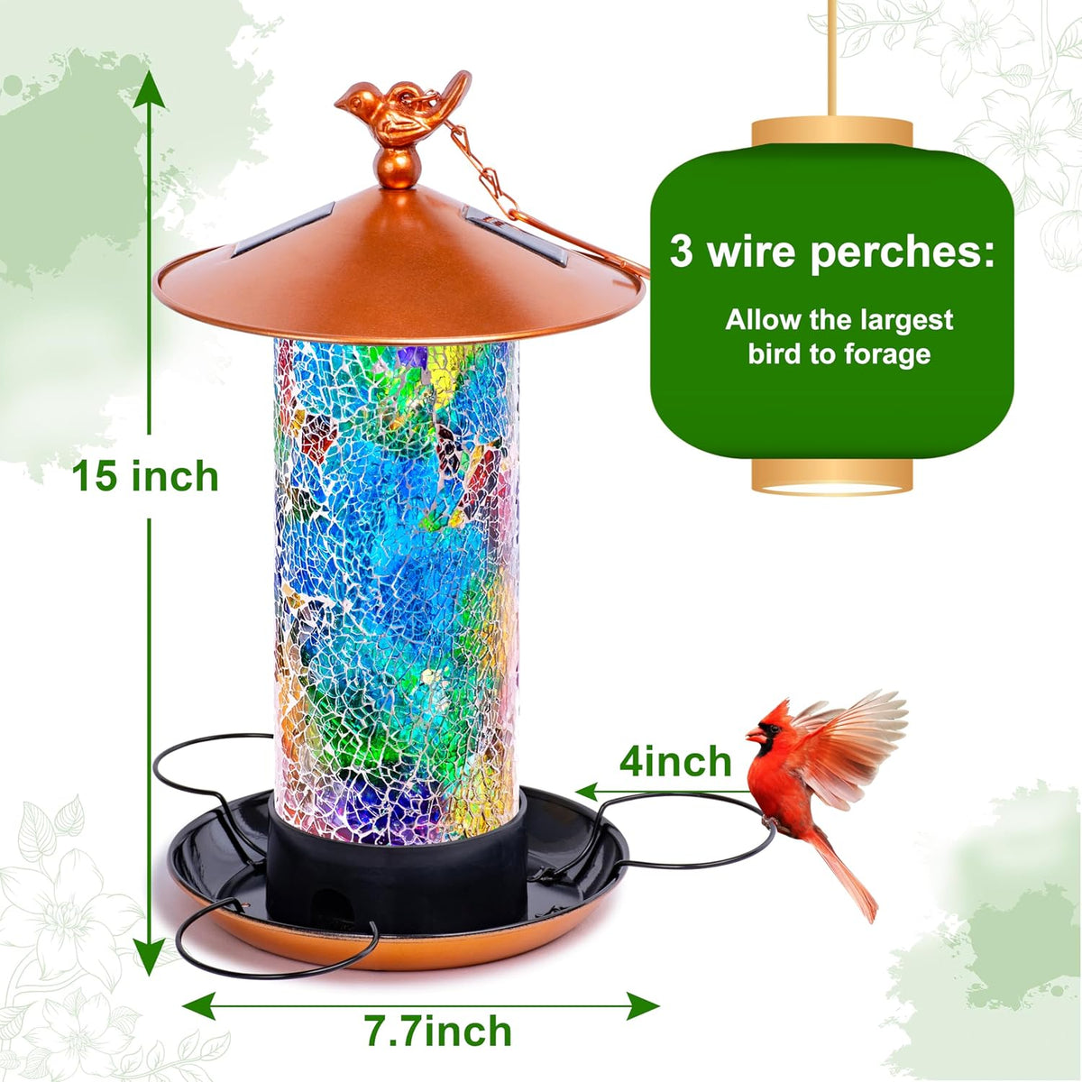 xdw-gifts mosaic solar bird feeder, waterproof lantern shape, close-up detail