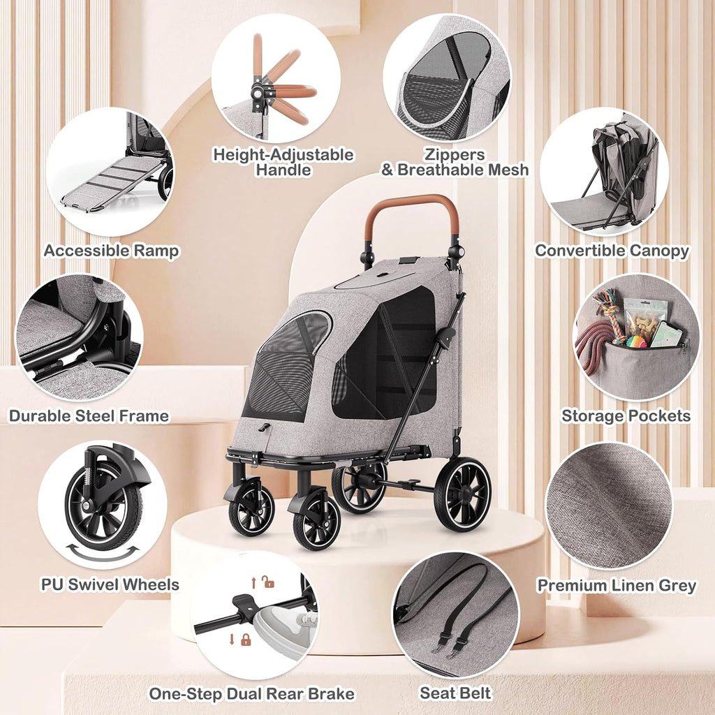 monibloom large pet stroller with anti-slip ramp, for showing dimensions