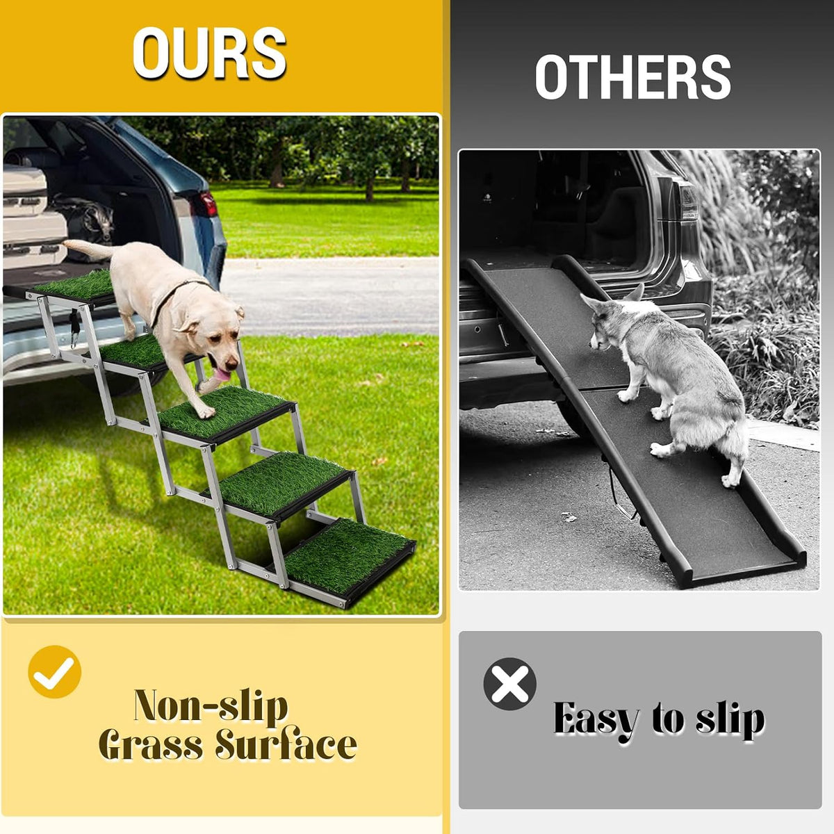 grass dog stairs for car,non-slip folding dog ramps, side view