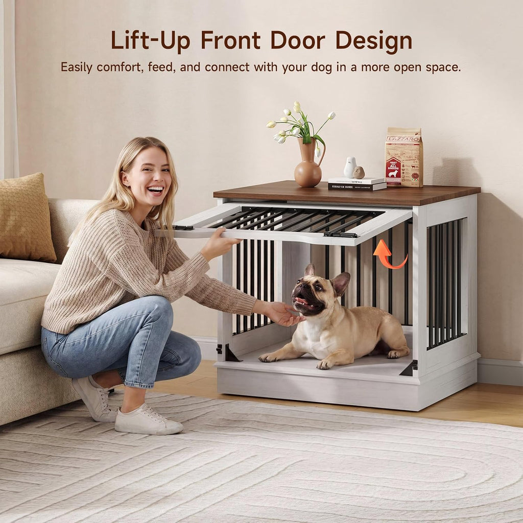 onbrill 27 inch flip-up door dog crate furniture shown in use