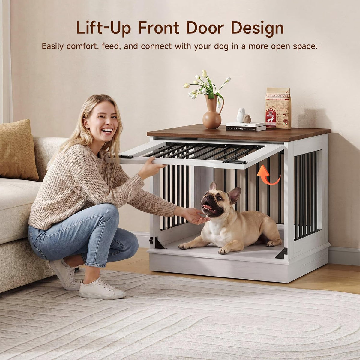 onbrill 27 inch flip-up door dog crate furniture shown in use